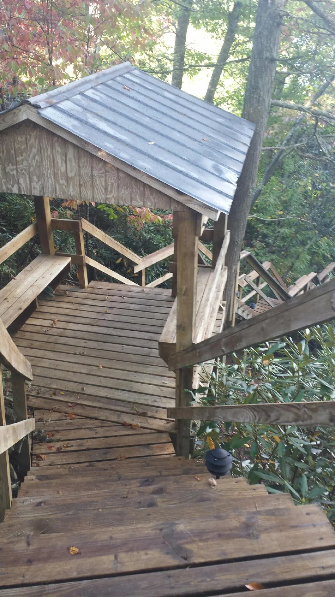 Metal roofed shelter over wooden steps on a wooded walkway — Skylight Repair & Installation work by our crew in New Laguna